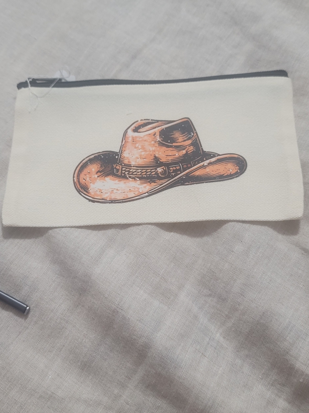 Cream Canvas Zip Pouch with Cowboy Hat Print